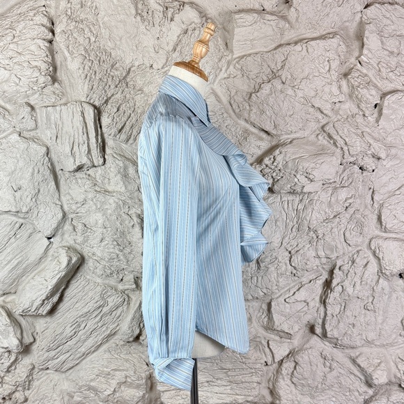 Ralph Lauren Blue Label Ruffle Button Down Shirt Ocean Air Blue Stripe | 4 - Picture 3 of 5